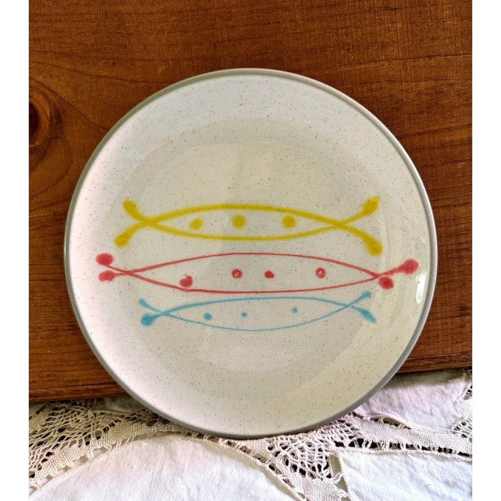 Harkerware Olympic Stone China Plate MCM Atomic Yellow Pink Blue 7.5 Vintage
